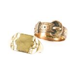 A Victorian buckle ring, hallmarked Birmingham 1897, ring size Q and a 1940's signet, size R, both