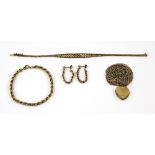 Gold jewellery, including a vintage three coloured gold bracelet, rope chain bracelet with