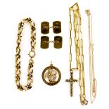 Group of gold jewellery, a pair vintage of cufflinks, Scorpio pendant, chain, twist link bracelet,