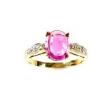 Pink tourmaline and diamond ring, oval cabochon cut pink tourmaline, estimated weight 3.00 carats,