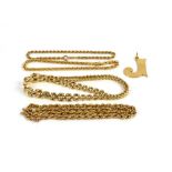 A group of gold jewellery, two necklaces and two bracelets and a letter J pendant, all 9 ct gold.