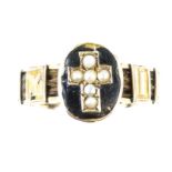 Late Victorian memorial ring, central oval panel set with seed pearl cross and black enamel, woven