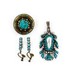 Collection of antique turquoise jewellery, including a brooch with enamel detail and locket to the