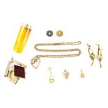A group of gold jewellery, including a sliding masonic locket in the form of a sets square,