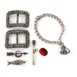 A group of costume jewellery and silver items, Victorian silver bracelet, with a carnelian fob,