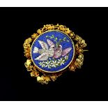 A late 19 th C micro mosaic, depicting two birds, mounted in 18 ct, with cannetille border, pin