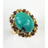Vintage cocktail ring set with turquoise and pink/red garnet studded leaf setting, 18 ct gold,