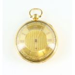 A JW Benson gold cased open face pocket watch, the brushed dial with central guilloche reserve