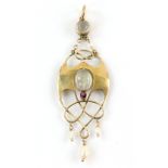 An Arts & Crafts style pendant with moonstone freshwater pearls and amethyst, in openwork design,