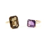 Two vintage cocktail rings, one set with large amethyst and another smoky quartz, both 14 ct gold,