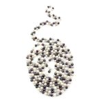 Long fresh water pearl necklace, round white, grey and purple pearls, 7mm diameter, strung with