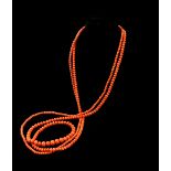 A long single strand necklace of graduated coral beads, C 1920, largest bead 9 x 7.7 mm, smallest