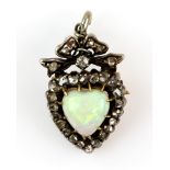 Antique opal and diamond set heart, pendant brooch, set with central opal and rose cut diamonds,