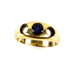 Sapphire ring, gypsy set oval cut sapphire, 5 x 4mm, mount testing as 18 ct, ring size S.