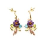 Vintage floral drop earrings, set with round cut amethyst, citrine, peridot and blue zircon, with