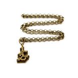 Gold pendant and belcher link chain, pendant 5 x 1.6cm, 1/2 0z , chain 65cm in length, both in 9