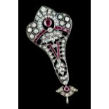 Art Deco diamond and ruby pendant, set with rubies old and transition cut diamonds, in formal silver