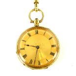 A ladies open face gold pocket watch, circular dial with central foliate reserve, black applied