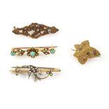 Four gold Edwardian brooches, one floral set with turquoise and seed pearls, another two with bird