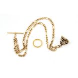 Gold Albert chain of round and oval twist links, 9 ct length 36 cm, with a hardstone fob, intaglio