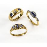 Three sapphire and diamond rings, one set with round cut sapphire and rose cut diamonds,