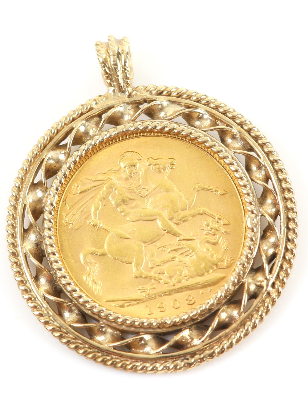 Edwardian full 1908 Sovereign in pendant mount, set in ornate twisted and beaded 9ct yellow gold - Image 3 of 3