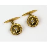 Gold cufflinks, octagonal panels set with round brilliant cut diamonds, chain link and torpedo