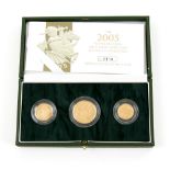 Royal Mint. Gold Proof three coin Proof set 2005, comprising £2, Sovereign, Half Sovereign in issued