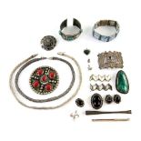 A group of white metal jewellery including a Persian enamel panel bracelet, onyx and malachite set