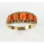 Five stone coral ring, scroll setting, 9 ct gold, ring size O 1/2 .