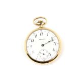 A Waltham Open Face pocket watch, enamel dial with Arabic numerals, minute track and subsidiary