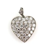 Art Deco period heart pendant, pave set with diamonds silver mount, total diamond weight estimated