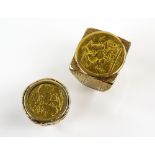 Two gold coin set rings, one with a 1918 full sovereign, in a textured vintage mount, ring size Q