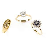 Three rings, Edwardian diamond five stone , in 18 ct, hallmarked Birmingham 1903, ring size N,