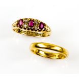 Antique ruby and diamond ring, mounted in 18 ct, ring size O and wedding band, in 22 ct yellow gold,