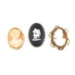 Three brooches, one vintage shell cameo, in 9 ct gold mount 4.5 x 3.5cm, with pin and roll catch