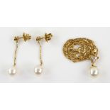 Contemporary pearl and diamond drop earrings and pendant, set in 18 ct gold with a box link chain,