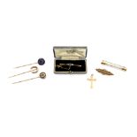 A group of brooches and stick pins, sapphire and seed pearl bar brooch, stamped 15 ct, in Grant &