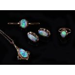 Early 20th C, Art Nouveau black opal jewellery set, oval cabochon cut opal ring, 10.5 x 6.7mm,