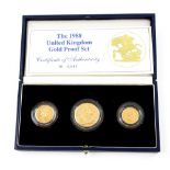 Royal Mint, 1988 United Kingdom gold proof coin set, comprising £2, sovereign and half sovereign,