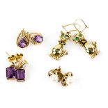 Four pairs of gold earrings, one set with pear cut amethyst and round brilliant cut diamonds,