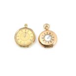 Two gold pocket watches, one with gilt dial roman numerals and minute track, mechanical movement