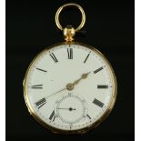 A Victorian Open face 18 carat yellow gold pocket watch, the unsigned white enamel dial with black