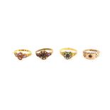 Four Victorian rings, one set with foil backed garnets and seed pearls, ornate band hallmarked