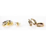 Three pairs of earrings, one pair of bi coloured hoops, in 18 ct yellow and white gold, pearl studs,