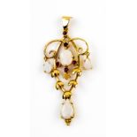 Openwork Edwardian style opal and ruby pendant, with three drops and leaf decoration, 9 ct. Good
