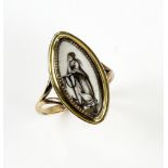 Georgian ring, navette form, central painting of a lady and anchor, reverse engraved 'Mary Parking