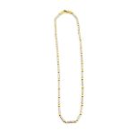 Gold two tone necklace, yellow beads and white textured cylindrical beads, threaded over chain,