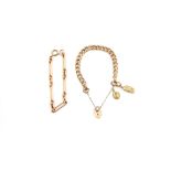 Two gold antique bracelets, a curb link charm bracelet, with two charms, heart padlock clasp and