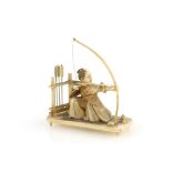 A small ivory okimono of a kneeling archer pulling a yumi, 5cm high, Meiji Period, contained in a